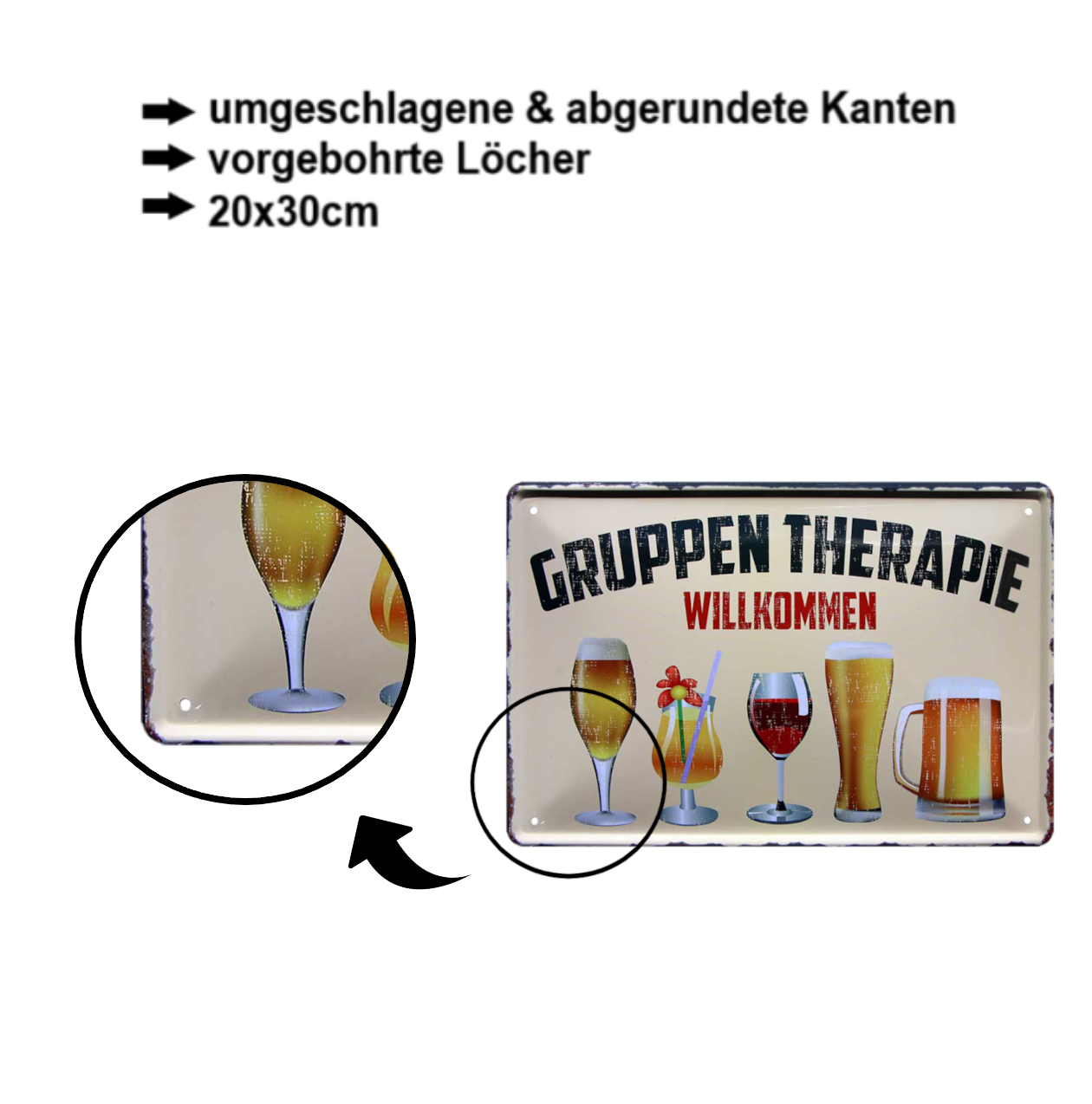 Blechschild  ''Gruppentherapie Willkommen (Alkohol)''20x30cm