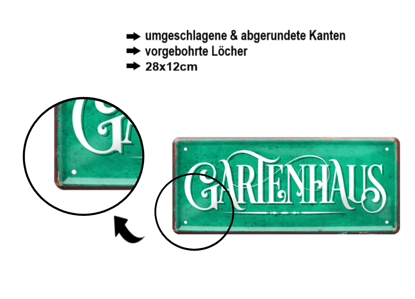 Blechschild ''Gartenhaus (grüner Hintergrund)'' 28x12cm