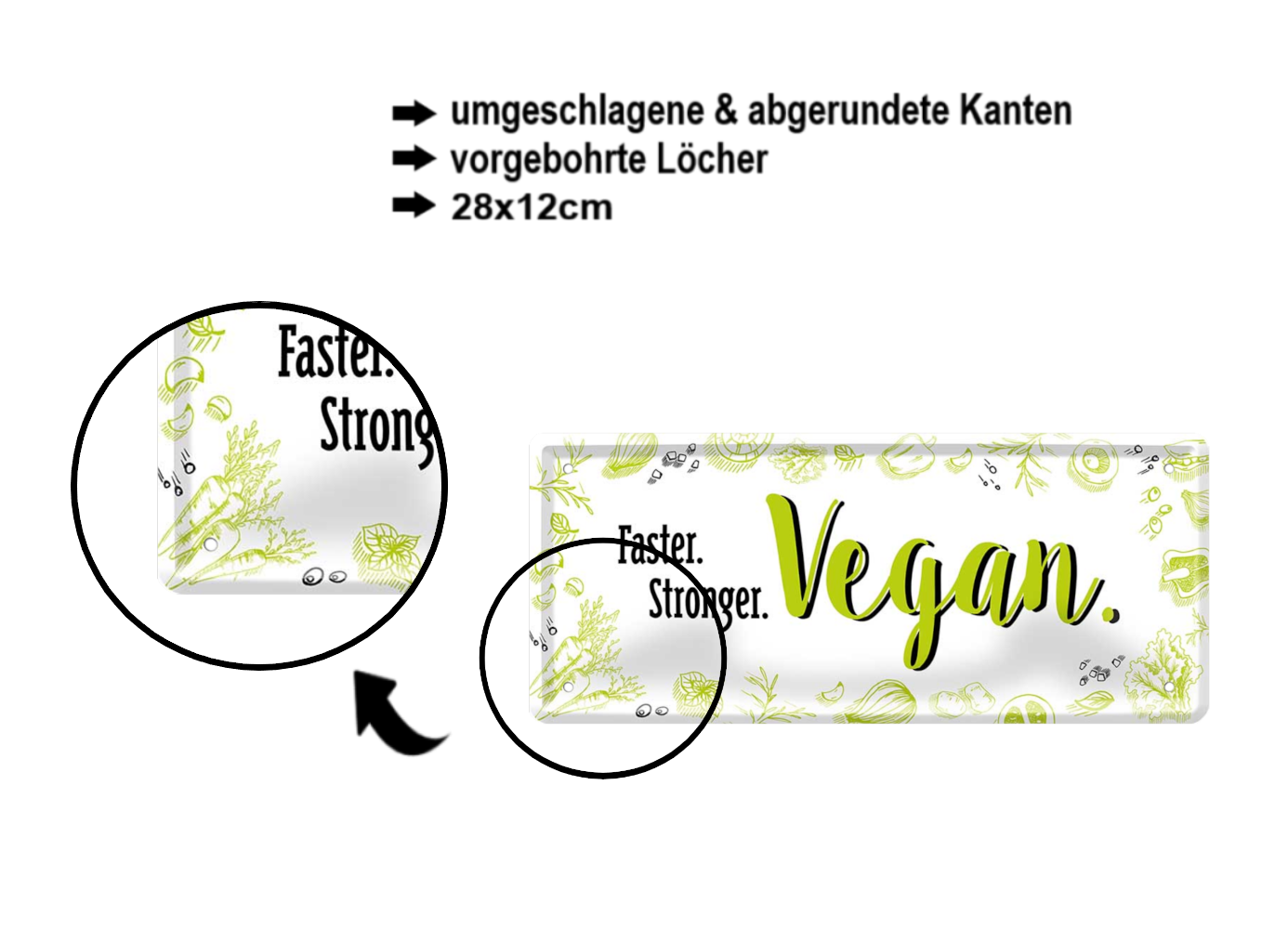 Blechschild ''Faster, Stronger, Vegan'' 28x12cm