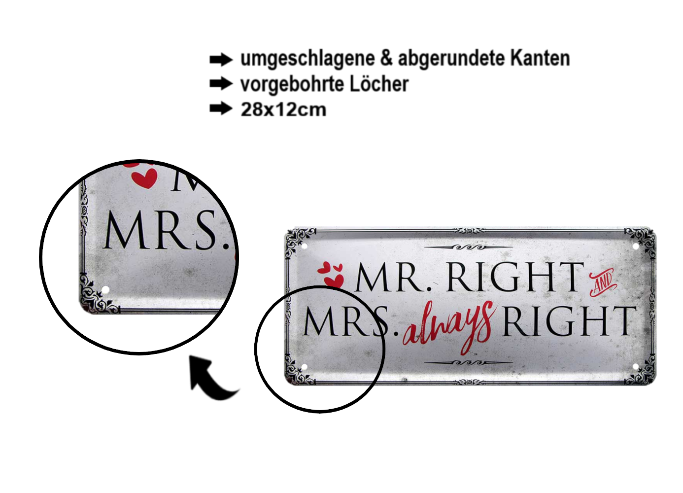 Tin Sign ''Mr. Right Mrs. always Right'' 28x12cm