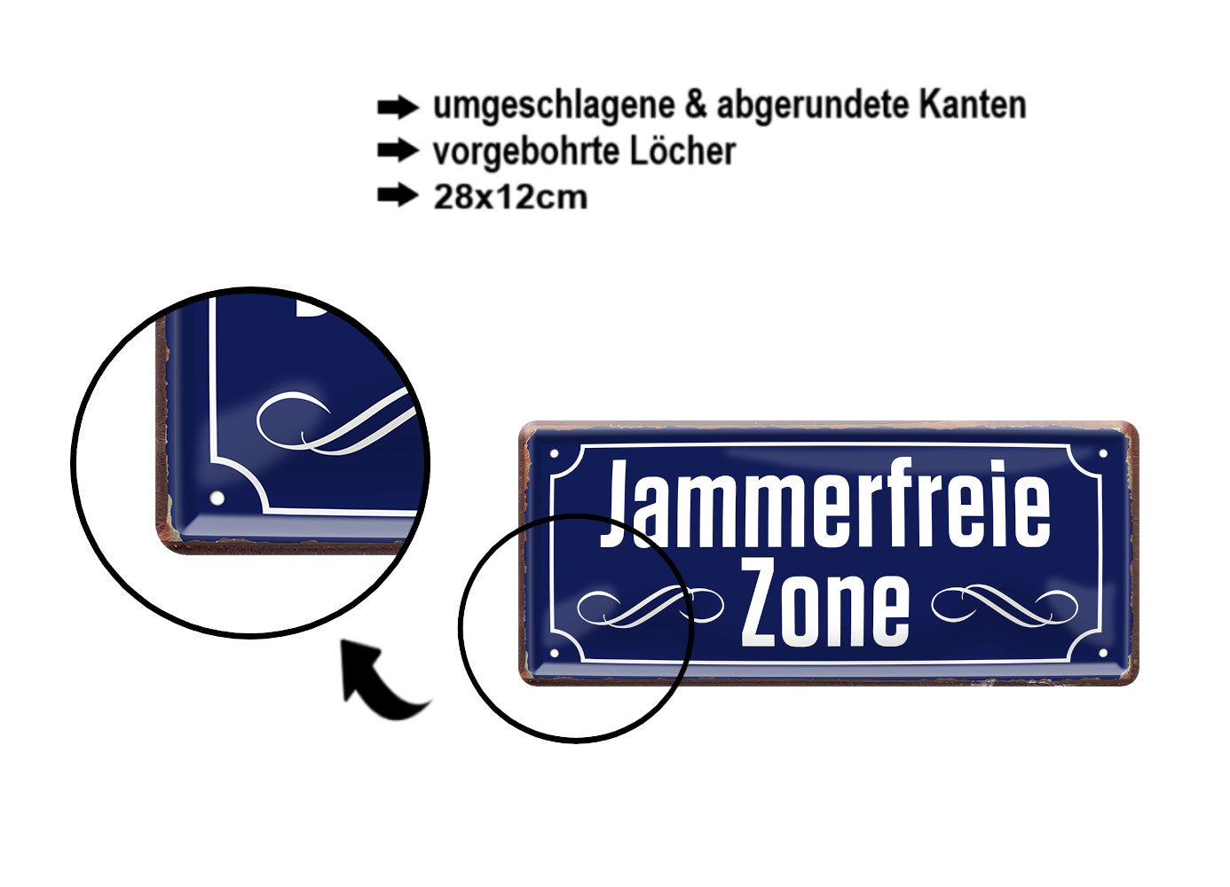 Blechschild ''Jammerfreie Zone (blau)'' 28x12cm