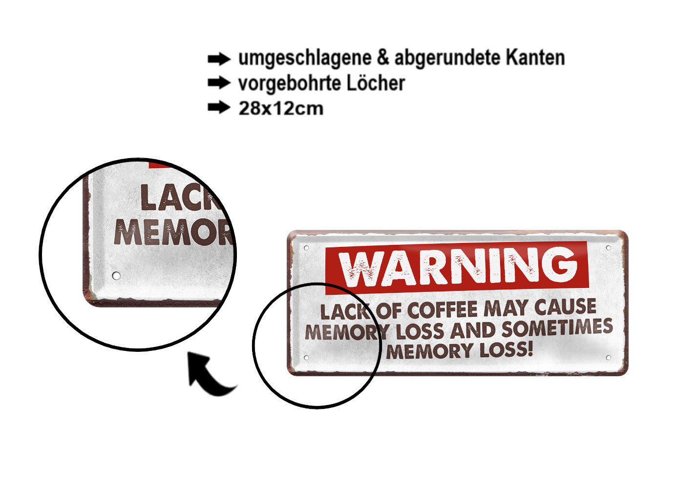 Blechschild ''Warning lack of coffee'' 28x12cm