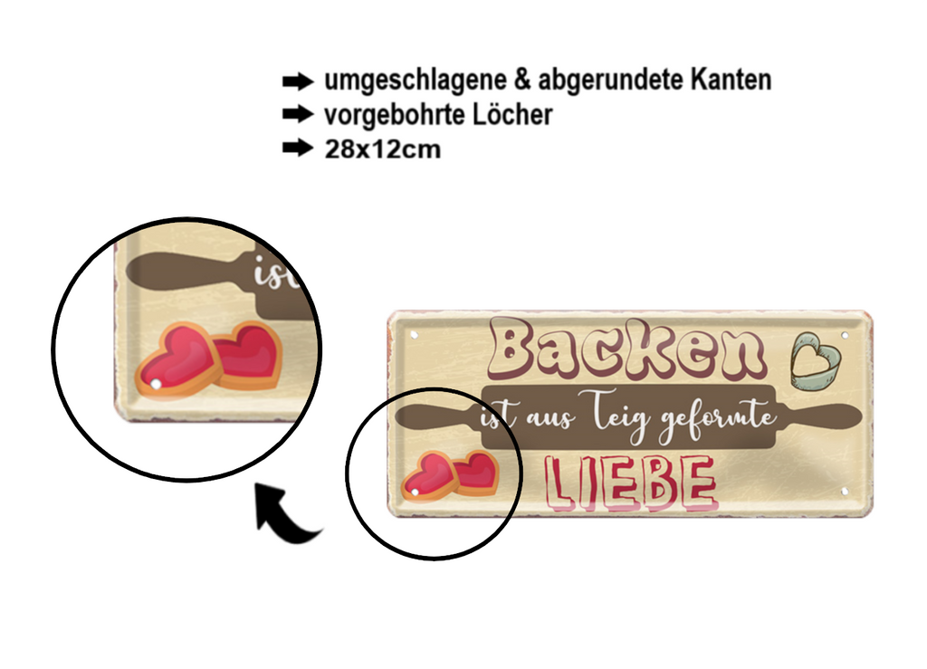 Blechschild ''Backen ist aus Teig geformte Liebe'' 28x12cm