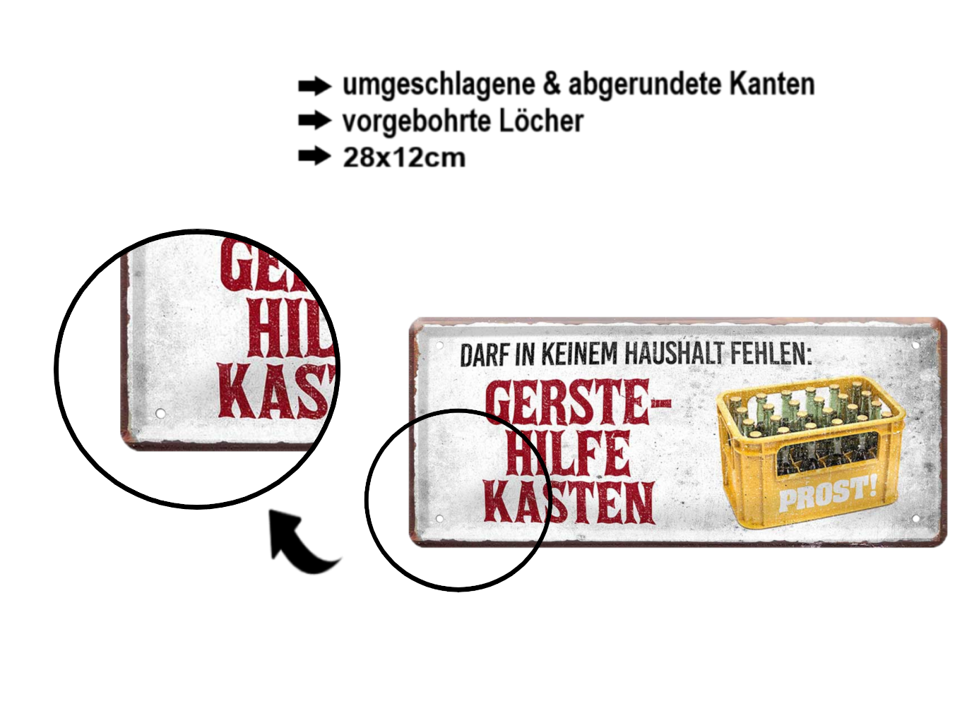Blechschild ''Darf in keinem Haushalt fehlen Gerstehilfekasten (gelber Kasten)'' 28x12cm