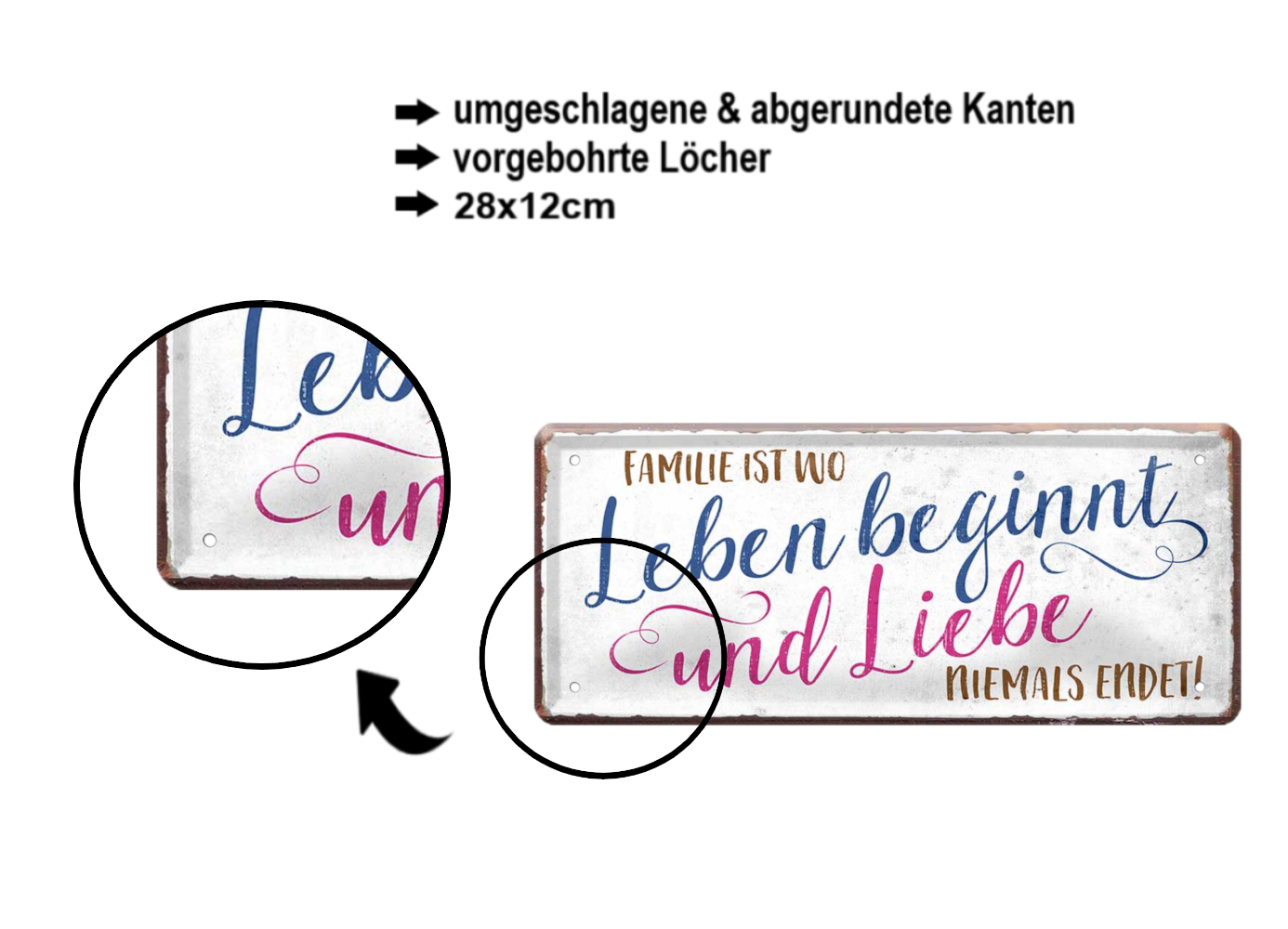 Blechschild ''Familie ist wo Leben beginnt Liebe niemals endet'' 28x12cm