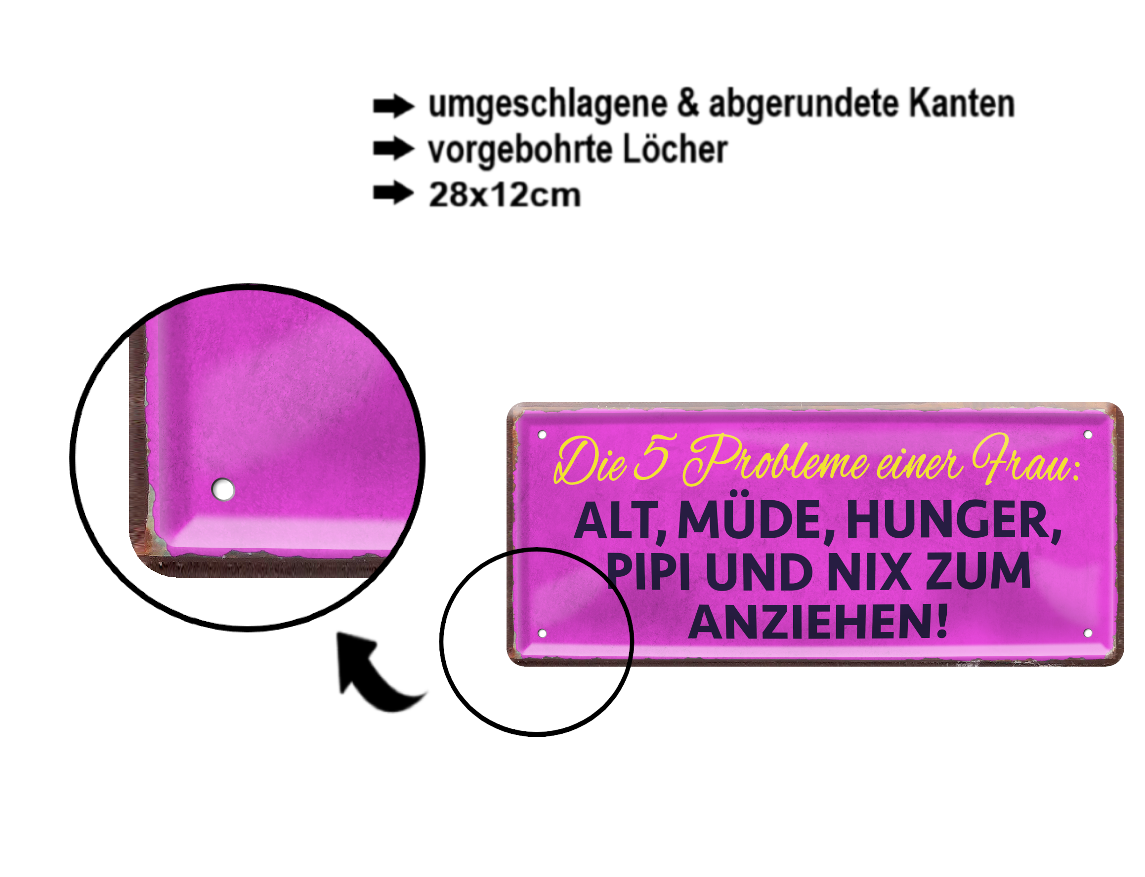 Blechschild ''Die 5 Probleme einer Frau. nix zum  anziehen'' 28x12cm