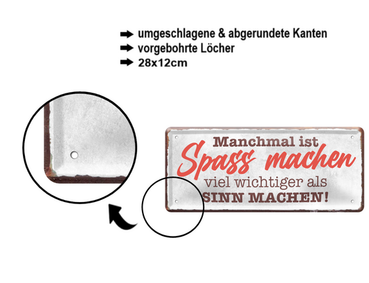 Blechschild ''Manchmal ist Spass machen wichtiger Sinn machen'' 28x12cm