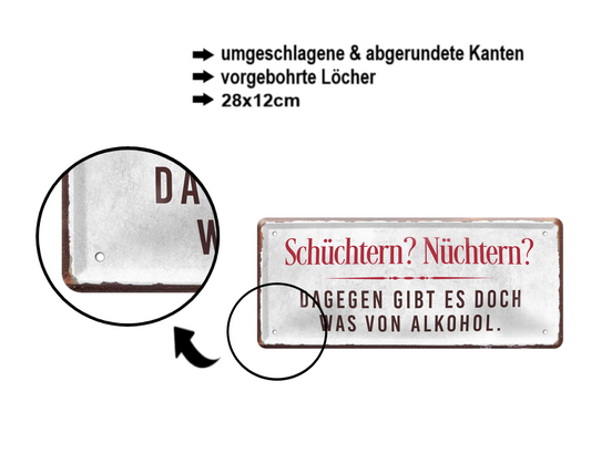 Blechschild ''Schüchtern Nüchtern Alkohol'' 28x12cm