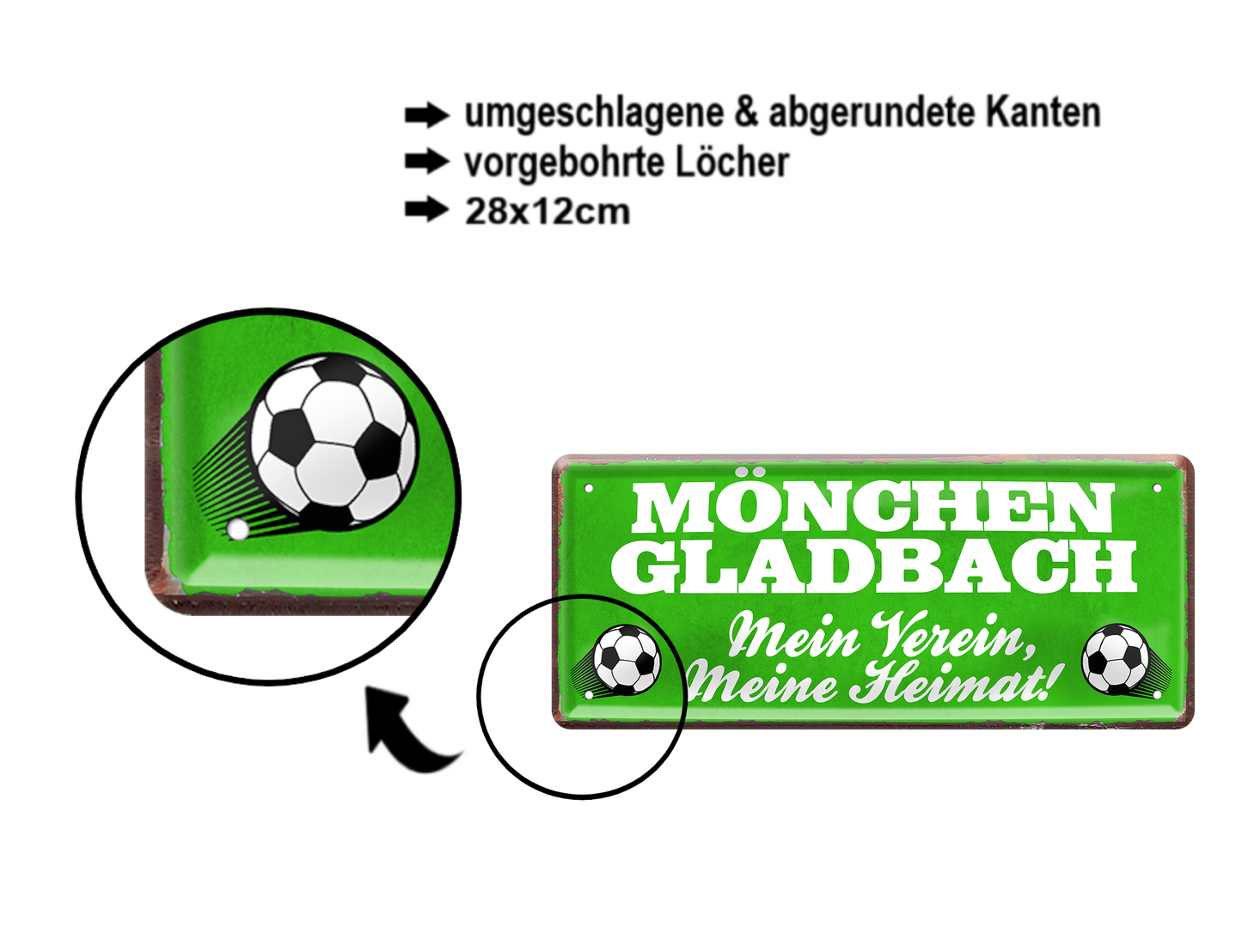Blechschild ''Mönchen Gladbach Mein Verein, meine Heimat'' 28x12cm