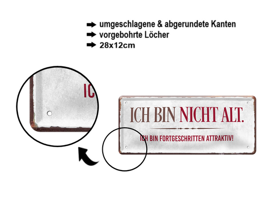 Blechschild ''Ich bin nicht alt fortgeschritten attraktiv'' 28x12cm